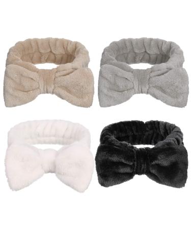 Heyu-Lotus 4 pieces Spa Bowknot hair bands coral fleece makeup Bow headband elastic cosmetic headband for washing the face shower yoga sport skin care (black white gray khaki) - Buy Online on GoSupps.com