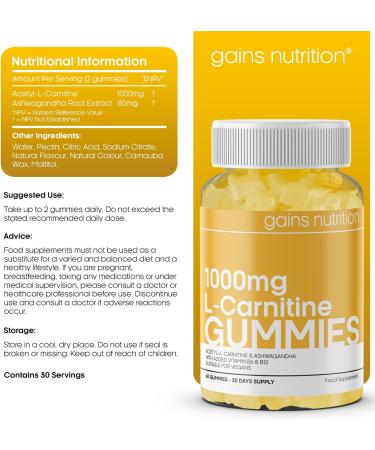 Acetyl L-Carnitine Gummies 1000mg with Ashwagandha, Vitamins B6 B12 - Vegan Mango Flavored Supplement for Men & Women - Buy Online on GoSupps.com