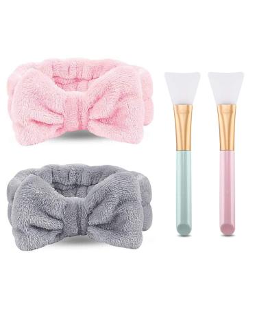 NYKKOLA 2 Pack Spa Headband Bowknot Coral Fleece Elastic Headband With 2 Silicone Face Mask Brush for Women Girls Washing Face Beauty Skincare And Sports. (Gray Pink)
