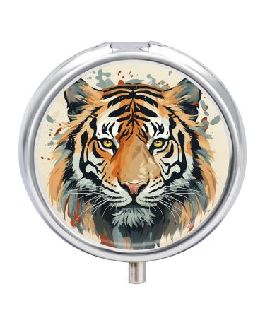 Round Pill Box Year of The Tiger Tiger Face Print 3 Compartment Medicine Pill Case Print Pill Organizer Decorative Metal Portable Pill Box Pocket Pill Box