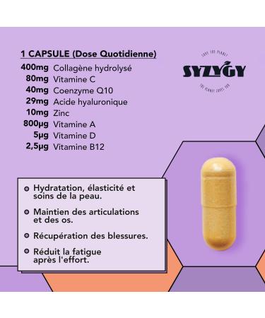 SYZYGY FOOD | Collagen with Hyaluronic Acid Coenzyme Q10 Vitamin A C D B12 and Zinc | 750mg | 90 Capsules 90 Days | Energy Reinforced Joints | Hydrolyzed Collagen Made in EU - Buy Online on GoSupps.com