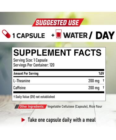 L-Theanine 200mg & Pure Caffeine 200mg Capsules - Smart Energy Alertness & Focus Supplement - Non-GMO Gluten Free - 120 Capsules for 4 Months - Buy Online on GoSupps.com