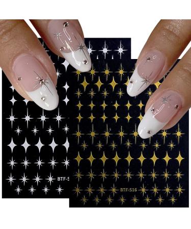 8 Sheets Star Nail Art Stickers Decals Self-Adhesive 3D Nail Art Supplies Gold Silver Black White Nail Art Design Decoration Accessories for Women Girls Manicure DIY Sparkle Star
