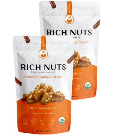 Rich Nuts Cinnamon Walnut Crunch Gourmet Sprouted Walnuts | Vegan, Organic, Paleo, Keto | Cinnamon, Maple Syrup, Maca & Sea Salt | Non-Roasted, Dehyrdated, Germinated, Raw & Whole | 4 Oz Bag (2 Pack) Cinnamon Walnuts 4 Oun