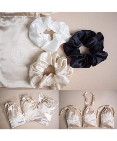 Set of 3 Large 6A Mulberry Silk Scrunchies in Satin Bag - Champagne, Black, White - Buy Online on GoSupps.com