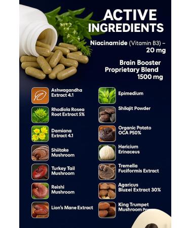 Brain Booster 38 Factor | Premium Herbal & Vitamin Blend for Focus Clarity & Cognitive Support | Adaptogen & Mushroom Complex with Vitamin B3 | Daily Mental Performance Formula 90 Capsules - Buy Online on GoSupps.com