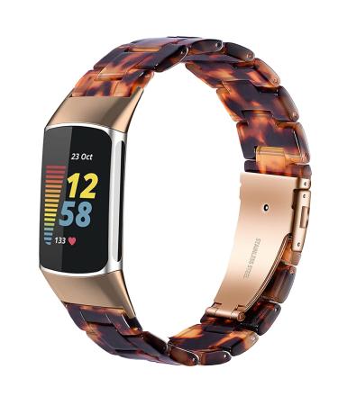 Wongeto Resin Bands Compatible for Fitbit Charge 5 Band ,Women Men Resin Accessory Rose Gold Buckle Wristband Strap Blacelet for Fitbit Charge 5 (Rose Gold+Tortoise)