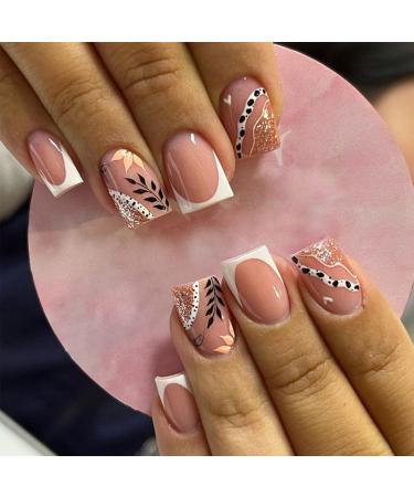 24pcs Short Square False Nails French Tip Press on Nails Nude Pink Glitter Stick on Nails with Leaves Pattern Removable Glue-on Nails Fake Nails Women Girls Nail Art Accessories 0233Y61
