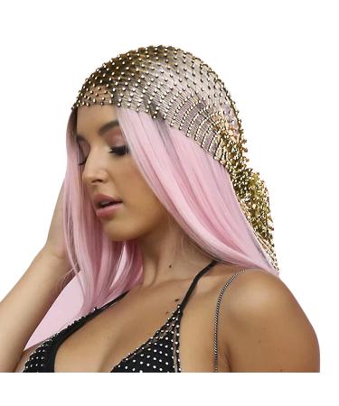Rhinestone Mesh Headband Glitter Elastic Headscarf Crystal Wide Head Covering Fishnet Costume Party Head Wrap Women and Girls Gold