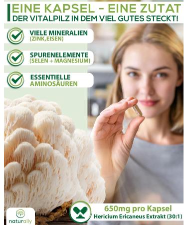 Naturally Lion's Mane Capsules - 180 Vegan Capsules | 1950mg 30:1 Extract | Premium Hericium Erinaceus | Made in Germany | Boost Your Focus & Clarity - Buy Online on GoSupps.com