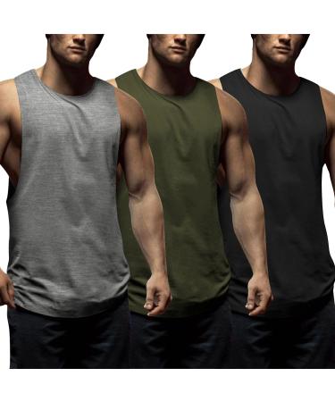 COOFANDY Men's 3 Pack Workout Tank Tops Sleeveless Gym Shirts Bodybuilding Fitness Muscle Tee Shirts Black/Medium Grey/Army Green Medium