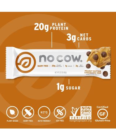No Cow Protein Bar - Peanut Butter Chocolate Chip | 12 Bars (2.12 oz Each) - Vegan, Dairy-Free, High Protein Snack - Buy Online on GoSupps.com