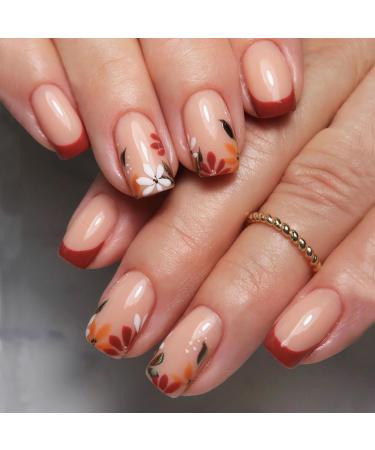 Fall Short Press on Nails French Tip Fake Nails Medium Length Hand-Painted Short Nails Glossy Nude with Leaves Designs Acrylic Nails Brown Nail Tips Full Cover Glue on Nails for Women Girls