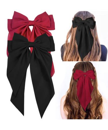 Kinretixia 2 Pieces Hair Bow Clips for Women Large Satin Hair Bows Long Tail Alligator Clips Big Hair Bow Girls Hair Black/Red Wine