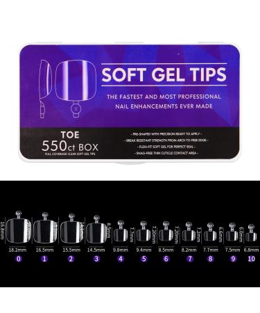 Cycullinyt Toe Nail Tips, Full Cover Clear Soft Gel Tips, Toe False Nail Tips for Acrylic Nails Extension with Box, 550PCS, 11 Sizes(Style 15)