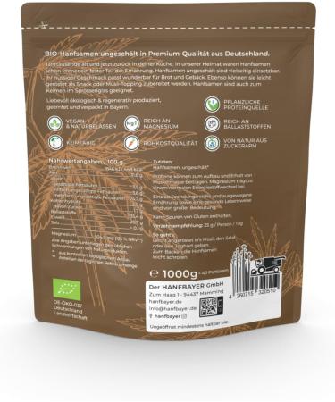 Buy Hanfbayer Organic Hemp Seeds 1000g - Protein-Rich Superfood Vegan Recipes & Omega-3 - Unpeeled Raw Food Quality - Buy Online on GoSupps.com