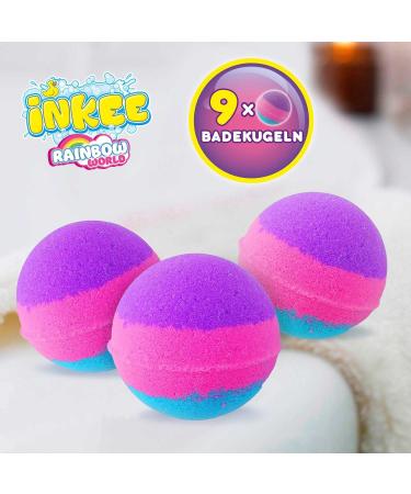 INKEE Pack Color Rainbow World - 9 Pack Scented Bath Bombs for Kids - 9 Bath Balls with 3 Different Color Layers (Pink Purple and Blue) Candy Floss Aroma and Argan Oil - Buy Online on GoSupps.com