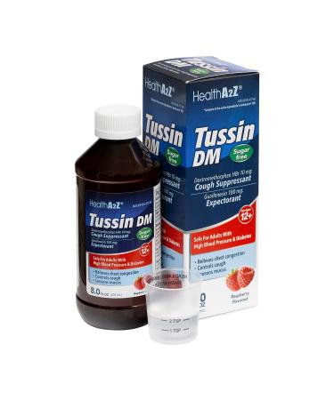 HealthA2Z Tussin DM Sugar Free | Dextromethorphan HBr 20mg Guaifenesin 200mg | Cough Suppressant & Expectorant | for Adults with High Blood Pressure & Diabetes | 8 FL Oz Raspberry Flavor