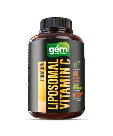 Gem Nutrients Liposomal Vitamin C 1600mg 180 Capsules - High Absorption Fat Soluble VIT C Antioxidant Supplement Immune System Support & Collagen Booster Non-GMO Vegan Pills