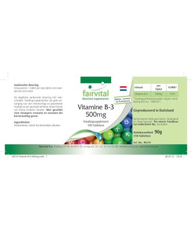 Fairvital Vitamin B3 500mg - High Dose Vegan Nicotinamide - 100 Tablets - Premium Quality Supplement for Energy & Health - Buy Online on GoSupps.com