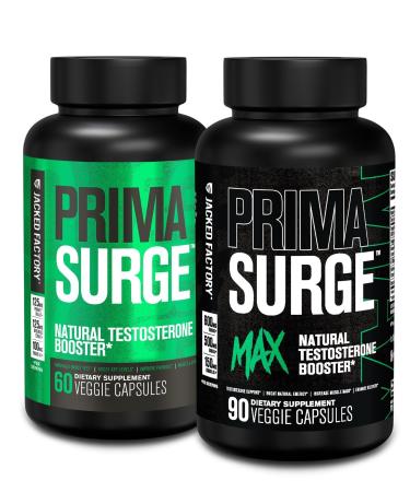 Jacked Factory Testosterone Booster for Men PRIMASURGE - w/Tongkat Ali PrimaVie Ashwagandha (60 Capsules) & Primasurge Max Mens Testosterone Booster (90 Capsules)