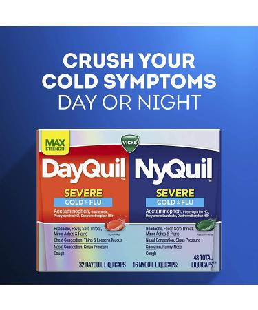 Vicks DayQuil/NyQuil Severe Cough Cold & Flu Relief 48 LiquiCaps - Sore Throat, Fever, Congestion Relief - 32 DayQuil/16 NyQuil - Day & Night Formula - 48 Count - Buy Online on GoSupps.com