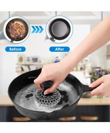 Protoiya Cast Iron Scrubber Food Grade Stainless Steel Chainmail Scrubber with Heat Resistant Pan Scraper Anti-Rust Cast Iron Scrubber Brush with Handle Reusable Cast Iron Cleaner for Cookware - Buy Online on GoSupps.com