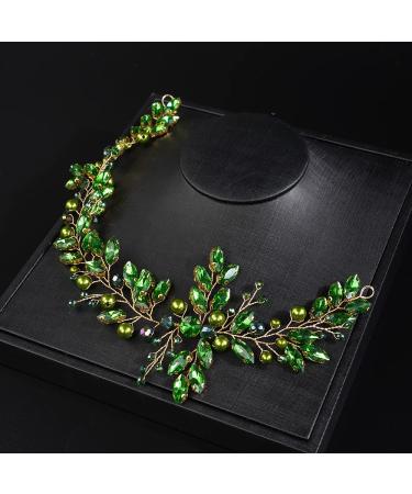 JWICOS Crystal Wedding Headband for Brides Pearl Wedding Hair Accessories Bridal Hair Piece Hair Vine for Women and Girls (Green Gold)