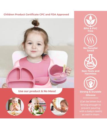 Eco-Friendly BPA-Free Baby Feeding Set | 7pcs Silicone Suction Bowl, Plate, Cup, Bib, Spoon, Fork | Toddler Gift Set | Adjustable Bib | 2X Cup Lids | Wooden Handle | Pink - Buy Online on GoSupps.com