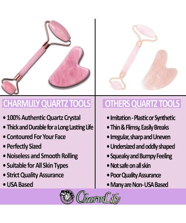 Charmlily Rose Quartz & Ice Roller + Gua Sha Set for Face & Eyes - Reduce Puffiness, Wrinkles, & Migraines, Pain Relief for Neck & Body - Cold Facial Massage Tool with Natural Stones - Buy Online on GoSupps.com