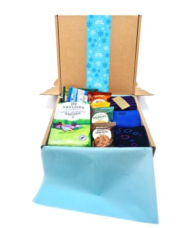 Christmas Blue Coffee Gift Box with Biscuits and Bamboo Socks by Inside the Box Gifts (Blue Snowflake)