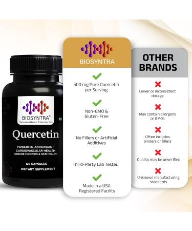 Biosyntra Pure Quercetin 500mg - Pure Quercetin Capsules for Immune Support & Cellular Protection Gluten-Free Non-GMO 120 Capsules - Buy Online on GoSupps.com