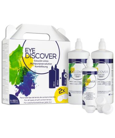EYE DISCOVER Contact Lens Solution Multipurpose Soft Contact-Lens Solution Disinfects Cleans Removes Protein Moistens and Rinses 2 x 360 ml Bottles and 1 x 100 ml Travel Size Bottle 2 x 360 ml + 1 x 100 ml