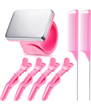 7 Pieces Hair Braiding Tools Magnetic Pin Wristband and 2 Pieces Stainless Steel Pintail Rat Tail Comb with 4 Pieces Wide Teeth Alligator Sectioning Hair Clip for Hair Braid Tool Braid Maker (Pink)