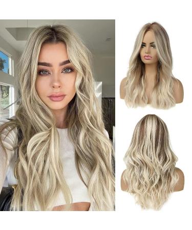 CHRSHN Platinum Blonde Wig for Women Ombre Blonde Wig Long Wavy Wig Middle Part Synthetic Wig Brown Mix Blonde Heat Resistant Fiber 22 Inches Light Brown Mix Platinum Blonde