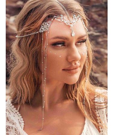 Jovono Boho Crystal Head Chain Silver Wedding Bridal Tassel Headpiece Rhinestone Headpiece Festival Costume Hair accessories for Women - Buy Online on GoSupps.com