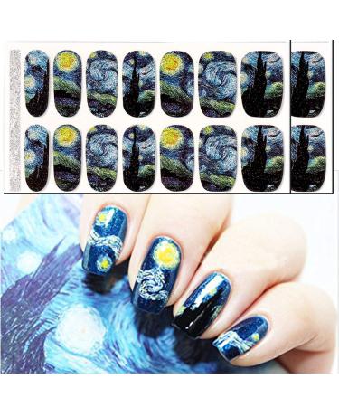 Van Gogh's Starry Night Fullnail Stickers Full Nail Starry Sky Art Stickers 14 Decals/Sheet Shimmery Glittery Nail Sticker (Pack of 2 Sheets and 1 Mini Grater)
