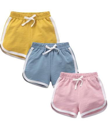 qtGLB Girls Shorts 3-Pack 100% Cotton Active Athletic Running Sleeping for Toddler Kids Big Girl's 8-10 Yellow Pink Blue