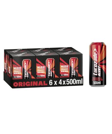 Lucozade Energy Alert Original 6x4x500ml- can High Caffeine Energy Drink Naturally-sourced caffeine Great Taste Contains vitamin B3 to help reduce tiredness Fully recyclable