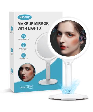 NICARE Makeup Mirror  Vanity Mirror with Lights  1X/ 5X Magnifying & Lighted with 3 Colors  Magnetic Base  360 Degree Rotation  LED Travel Makeup Mirrors  Cosmetic Mirror  Idea Gifts for Women