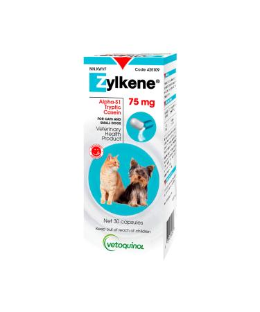 Vetoquinol Zylkene Veterinary Health Product - Calm and Relaxed Behaviour in Pets During Stressful Events - 75 mg - Cats and Small Dogs - 30 Caps Cats and Small Dogs 30 Caps