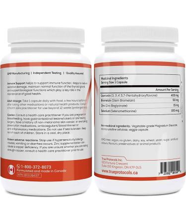 TRUE PROTOCOLS - Immune Support - Quercetin (400mg) + Bromelain (50mg) + Zinc (15mg) + Selenium (100mcg) - 90 Bioavailable Capsules For Optimal Immune Function Support Oxidative Stress Reduction Thyroid & Overall Health - Immune System Booster for Adults  - Buy Online on GoSupps.com