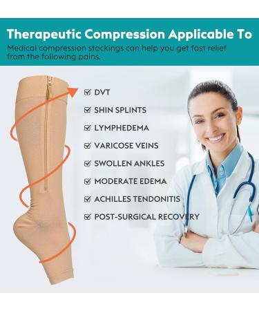 Zipper Copper Compression Socks Open Toe - 20-30 mmHg Knee High Stockings for Circulation Varicose Veins & Recovery - XX-Large Beige - Buy Online on GoSupps.com
