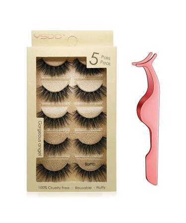 False Eyelashes 5 Pairs Natural False Eyelashes Set Reusable Handmade 3D false eyelashes with eyelash tweezers (Bomb) yellow