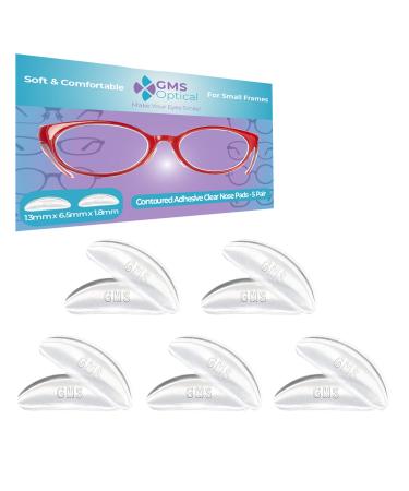 GMS Optical Kids Small Adhesive Contoured Silicone Eyeglass Nose Pads - Anti Slip & Pressure Relief - Perfect for Kids Glasses and Smaller Frames (13mm x 6.5mm x 1.8mm) (5 Pair - Clear)