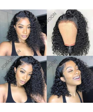 JONAWOON 12inch Short Curly Bob Lace Front Wigs Human Hair 13x4 HD Transparent Bob Wigs Water Wave Wigs Pre Plucked Lace Wig for Black Women Natural Black 150% Density 12 Inch 13x4 Water Wave Wig