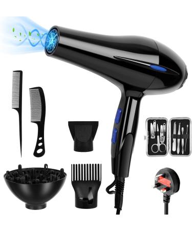Cliplanyard Ionic Hairdryer 1200W AC Black Professional Hair Dryer Motor Fast Drying Salon with 2 Speed 3 Heat Setting Cool Button Diffuser Nozzle Concentrator Comb for Curly and Straight - Buy Online on GoSupps.com