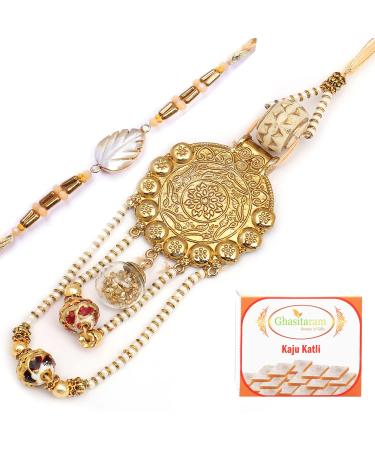 Ghasitaram Gifts Rakhis Online - Rakhi for Brother-RM-111 Bhaiya Bhabhi Rakhi with 200 GMS of Kaju katli Rakhi Set with 200 gms of Kaju katli
