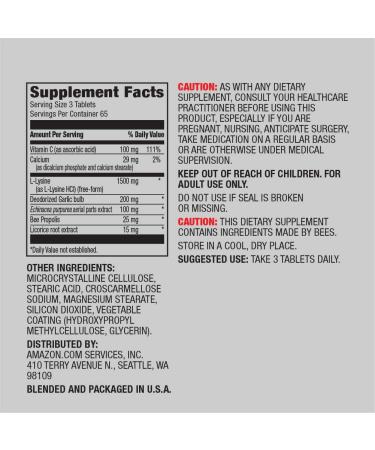 Amazon Elements Lysine Complex with Vitamin C - 195 Tablets, Supports Immune Health, Vegetarian Formula - Buy Online on GoSupps.com