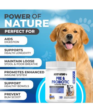 Woof Hound Pre & Probiotics for Dogs 120 Chews Supports Gut & Digestive Health Itchy Skin Healthy Bowel Movement Natural ingredients Allergy Itch Relief For All Breeds - Buy Online on GoSupps.com